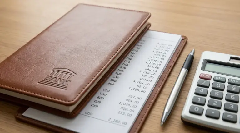 Estratto conto in una custodia di pelle su scrivania, con penna e calcolatrice accanto