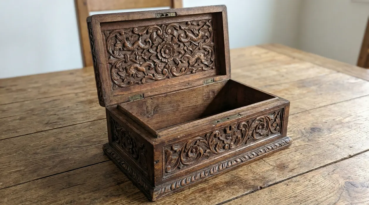 Portagioie in legno antico aperto su un tavolo, con intaglio decorativo visibile sotto il coperchio