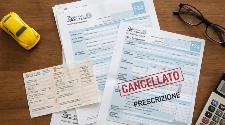 Moduli F24 e documenti del bollo auto su scrivania con calcolatrice e occhiali, tema prescrizione del debito