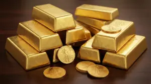 Lingotti e monete d’oro impilati su un tavolo, simbolo del prezzo dell’oro al grammo e dell’investimento in oro