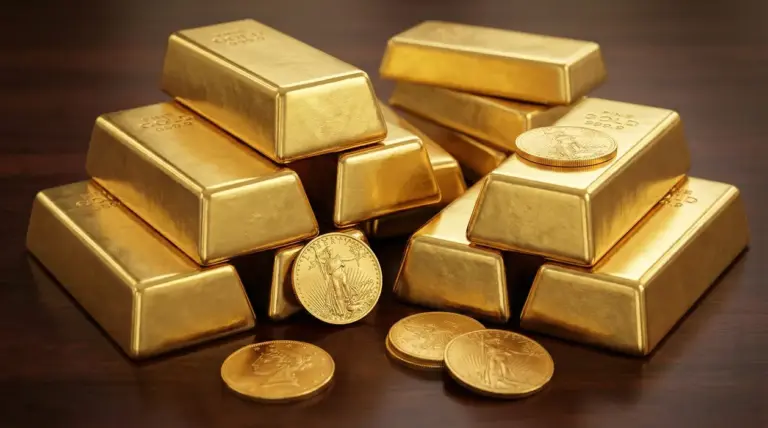 Lingotti e monete d’oro impilati su un tavolo, simbolo del prezzo dell’oro al grammo e dell’investimento in oro