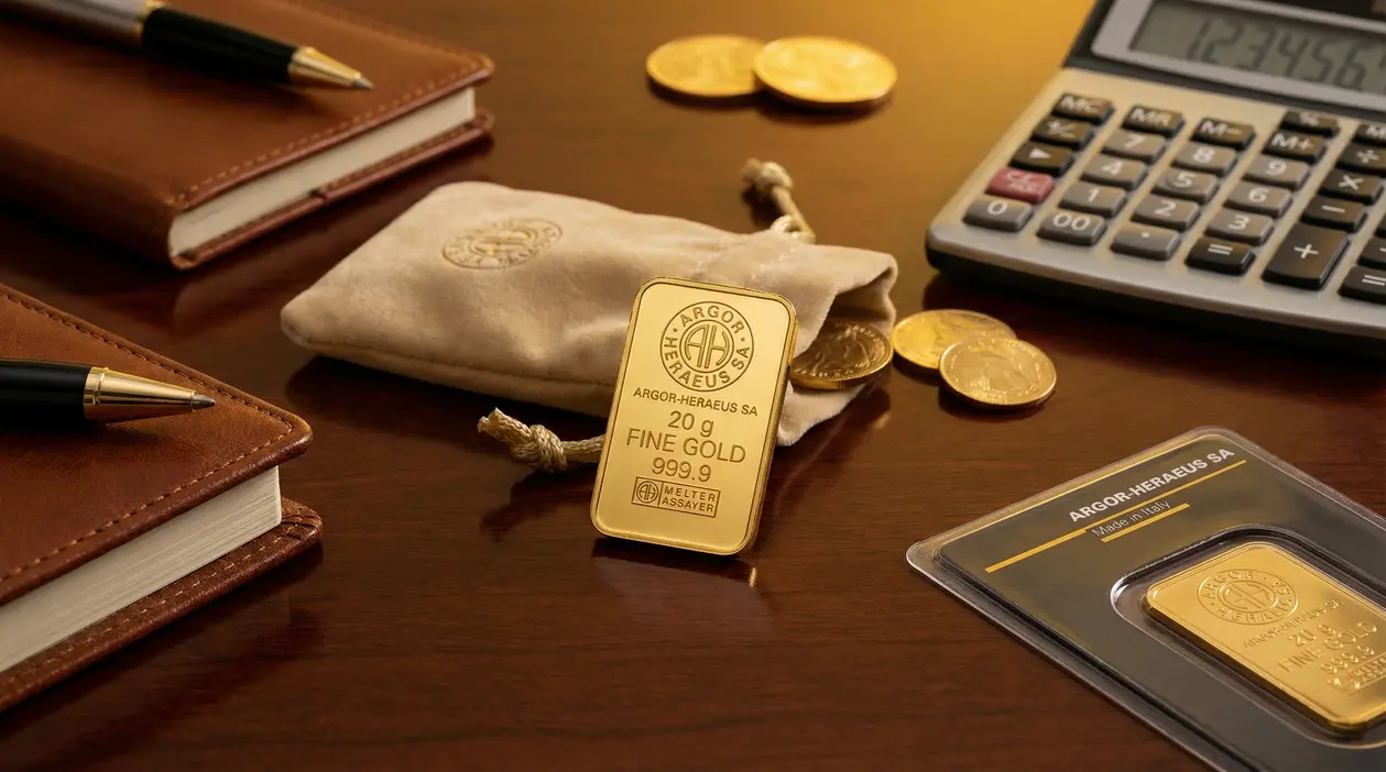Lingotto d’oro da 20 g su scrivania con calcolatrice, monete e taccuini, per valutare prezzo e convenienza