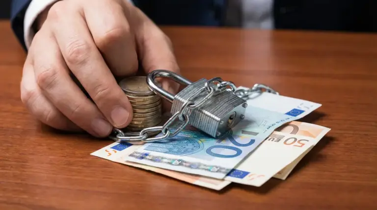 Mano che blocca monete e banconote in euro con catena e lucchetto su un tavolo