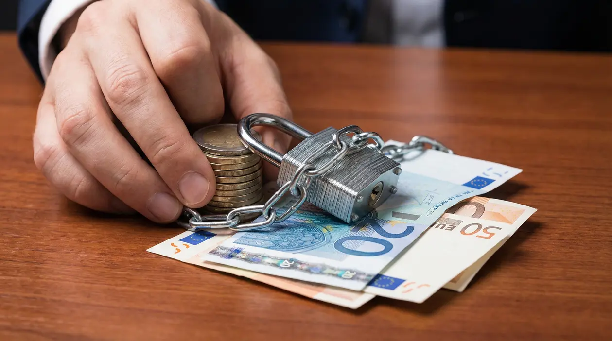 Mano che blocca monete e banconote in euro con catena e lucchetto su un tavolo