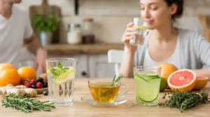 Bevande a base d’acqua con limone, lime e erbe aromatiche su un tavolo, con una persona che beve in cucina