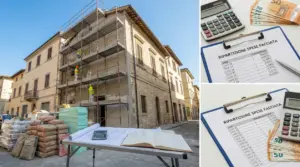 Condominio con facciata in ristrutturazione, ponteggi e operai; documenti e calcolatrice per ripartizione spese