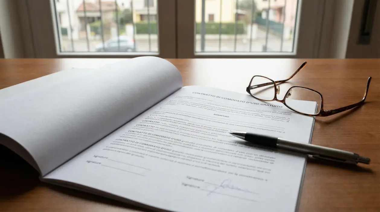 Contratto di comodato d’uso gratuito aperto su un tavolo, con penna e occhiali vicino a una finestra