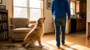 Cane seduto in soggiorno che guarda una persona in piedi, come se la seguisse ovunque in casa