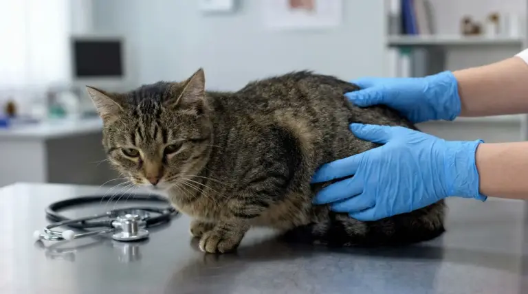 Gatto tigrato sul tavolo di visita mentre un veterinario con guanti blu lo controlla in ambulatorio