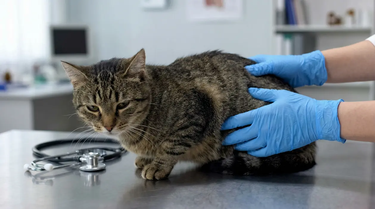 Gatto tigrato sul tavolo di visita mentre un veterinario con guanti blu lo controlla in ambulatorio