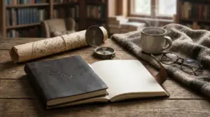 Scrivania con quaderno aperto, mappa astrologica arrotolata, bussola, tazza calda, occhiali e coperta