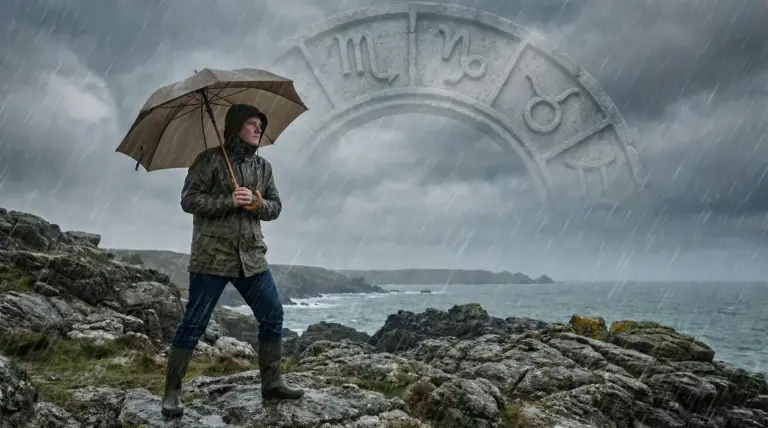 Una persona con ombrello su scogliere rocciose sotto la pioggia, con simboli zodiacali sullo sfondo in cielo grigio