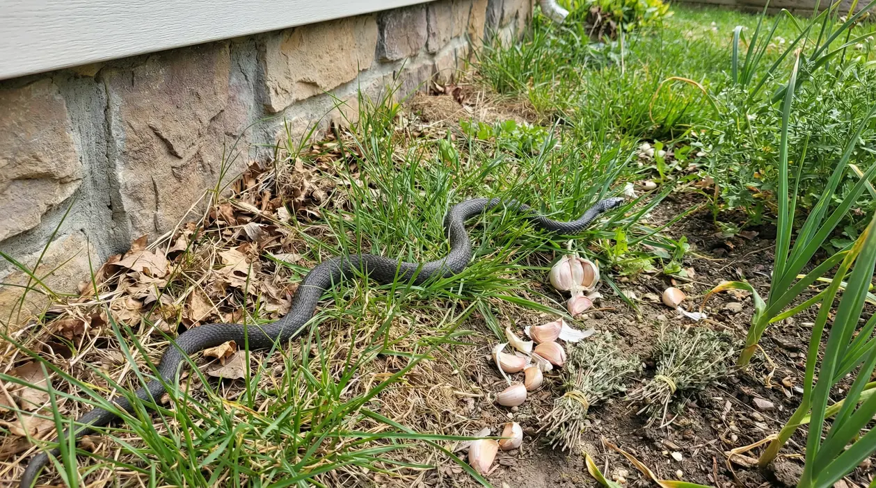 Serpente nel giardino vicino a un muro, tra erba e foglie secche