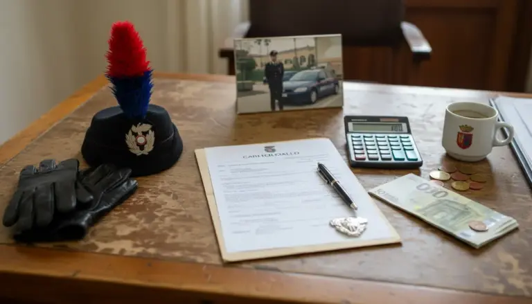 Scrivania con cappello dei Carabinieri, documenti, calcolatrice e banconote, tema stipendio maresciallo