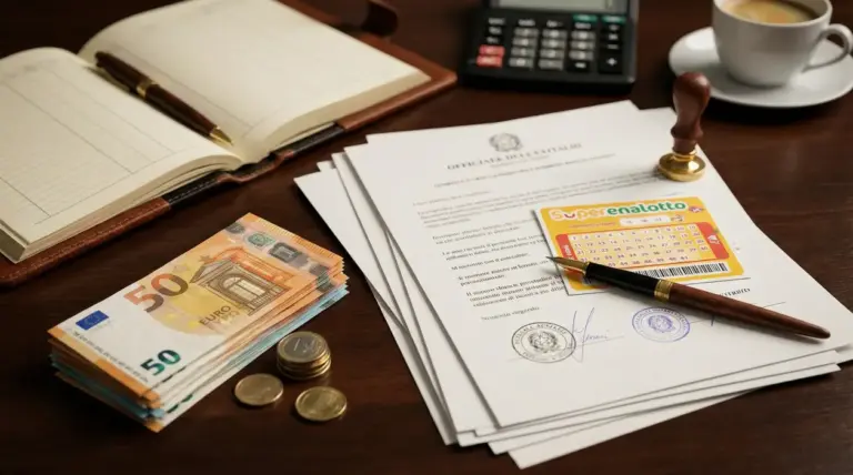 Documenti ufficiali con timbro, schedina Superenalotto e banconote in euro su una scrivania con penna e calcolatrice