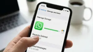 Mano che tiene uno smartphone con la schermata di gestione archiviazione di WhatsApp per svuotare elementi eliminati