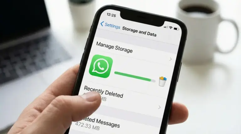 Mano che tiene uno smartphone con la schermata di gestione archiviazione di WhatsApp per svuotare elementi eliminati