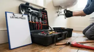 Cassetta degli attrezzi e una persona che lavora sotto un lavandino del bagno, con listino prezzi vicino