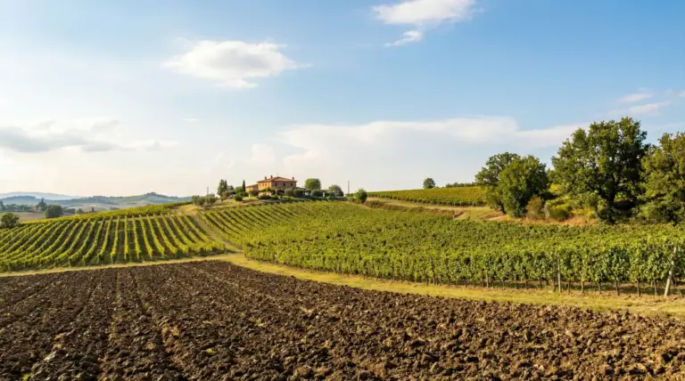 Panorama di vigneti su colline con terreno arato in primo piano e casale rurale sullo sfondo