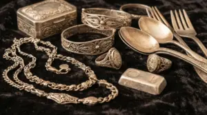 Gioielli e oggetti d’argento vintage con bracciali, anelli, catena e posate su sfondo scuro