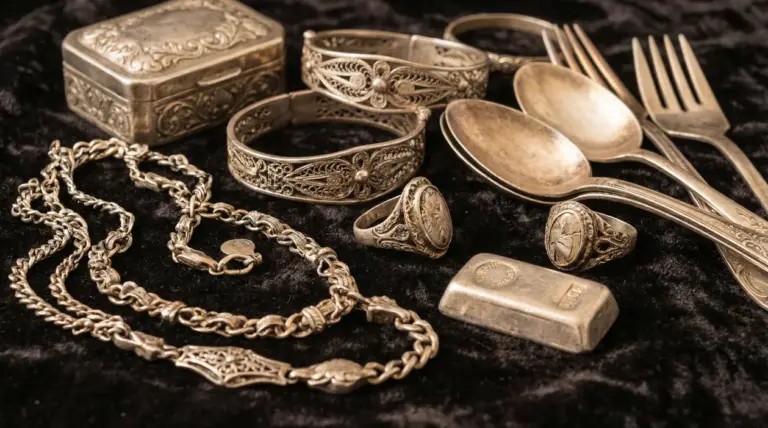 Gioielli e oggetti d’argento vintage con bracciali, anelli, catena e posate su sfondo scuro