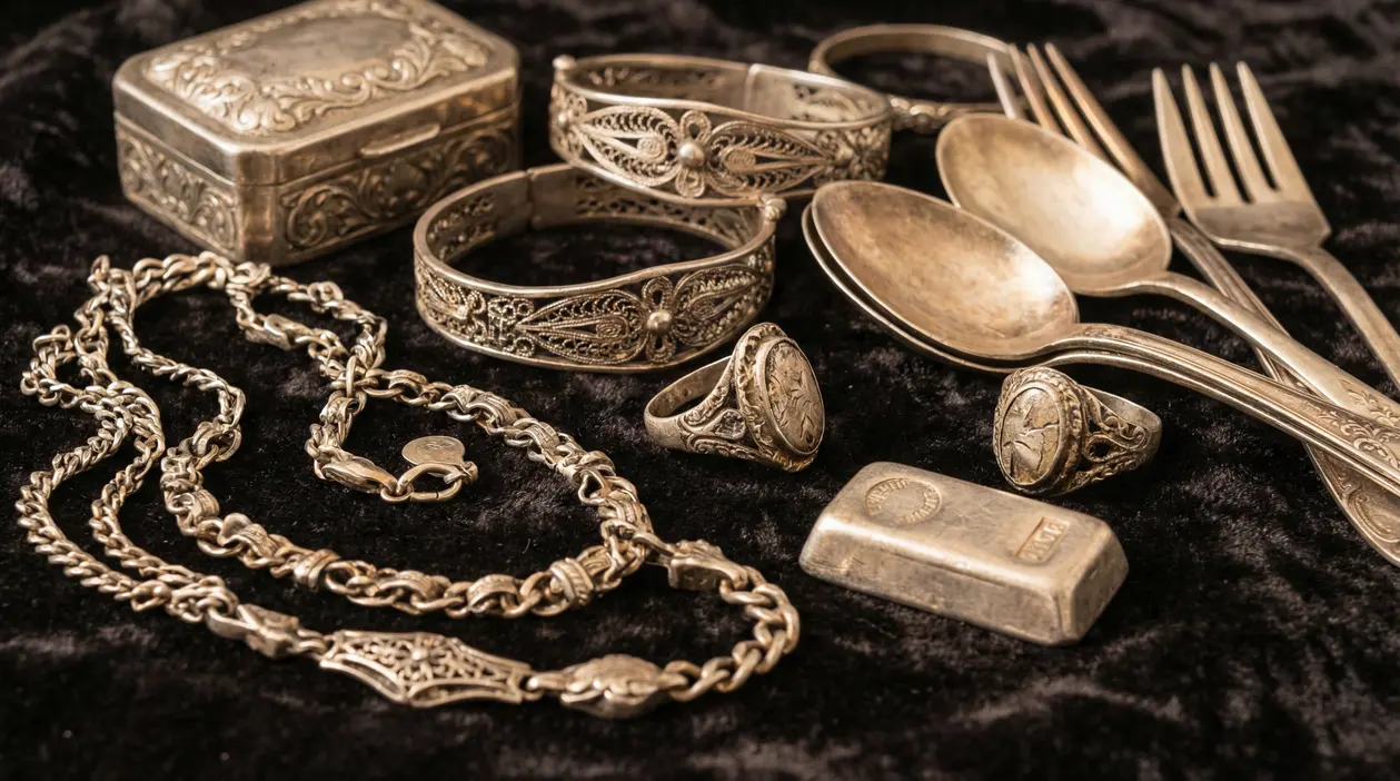 Gioielli e oggetti d’argento vintage con bracciali, anelli, catena e posate su sfondo scuro