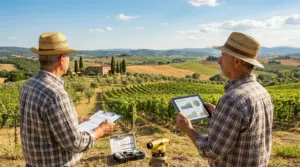 Due agricoltori valutano un terreno agricolo in collina tra vigneti e uliveti, con tablet e documenti di stima
