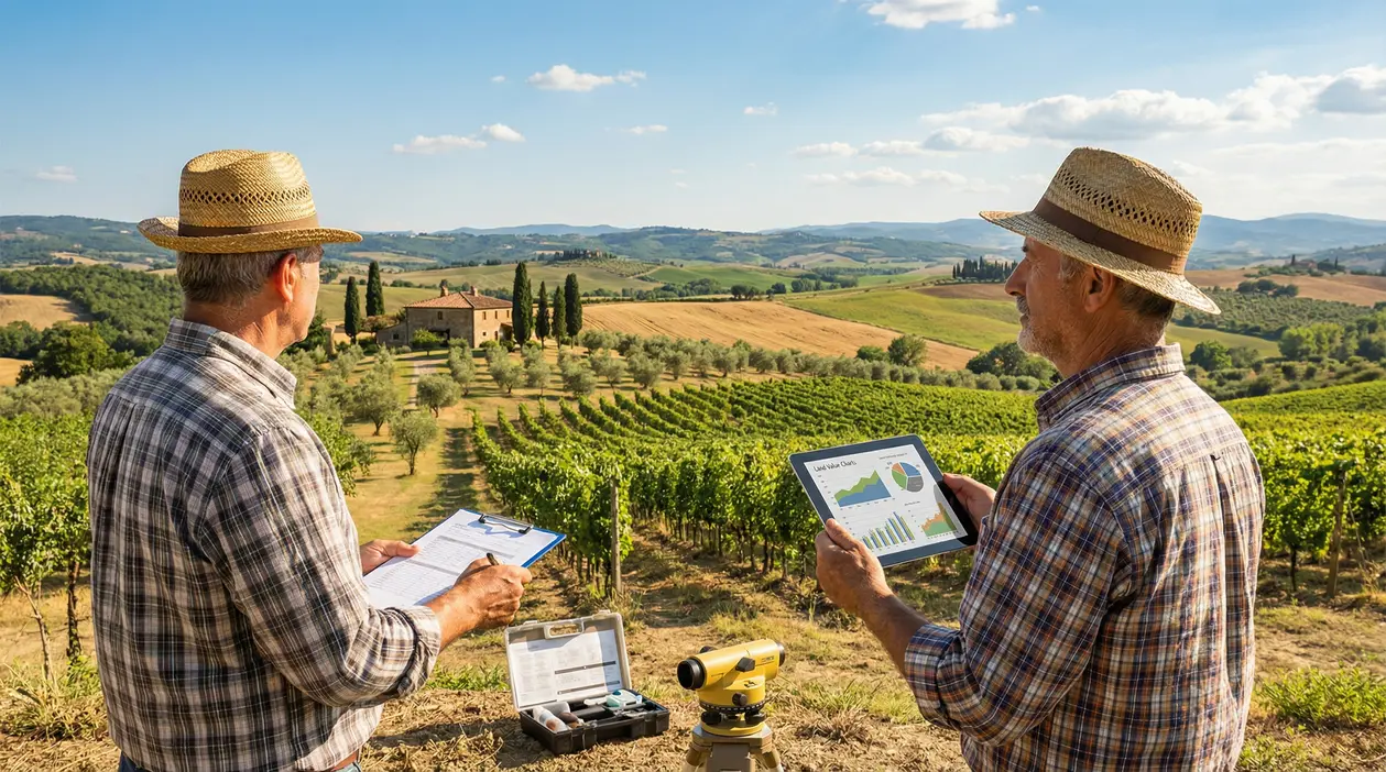 Due agricoltori valutano un terreno agricolo in collina tra vigneti e uliveti, con tablet e documenti di stima