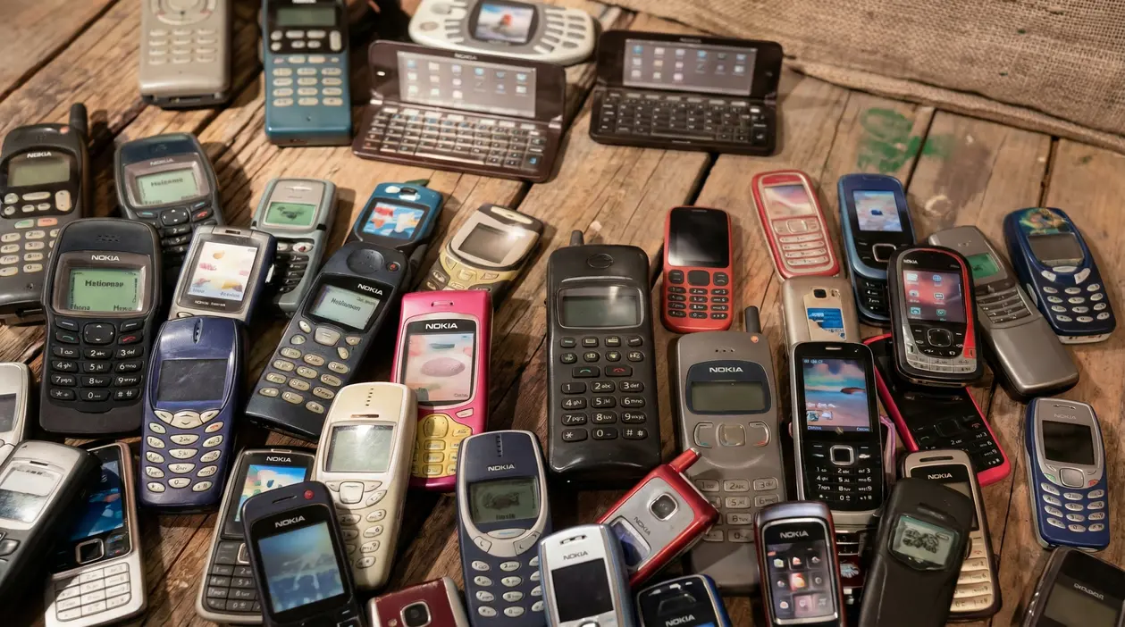 Collezione di vecchi cellulari e telefoni Nokia vintage disposti su un tavolo di legno