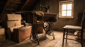 Vecchia macchina da cucire Singer in soffitta polverosa, con scatoloni e luce dalla finestra