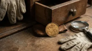 Vecchia moneta d’oro appoggiata su un tavolo vicino a un cassetto aperto e una lente d’ingrandimento