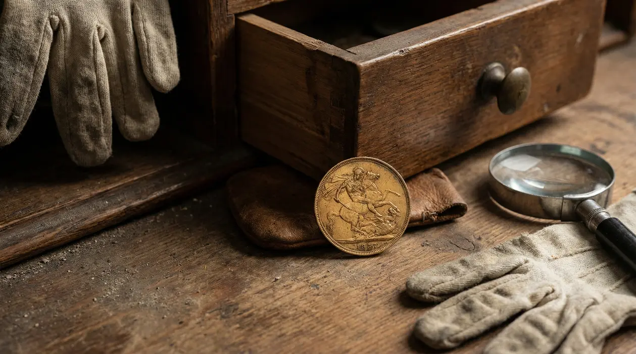 Vecchia moneta d’oro appoggiata su un tavolo vicino a un cassetto aperto e una lente d’ingrandimento