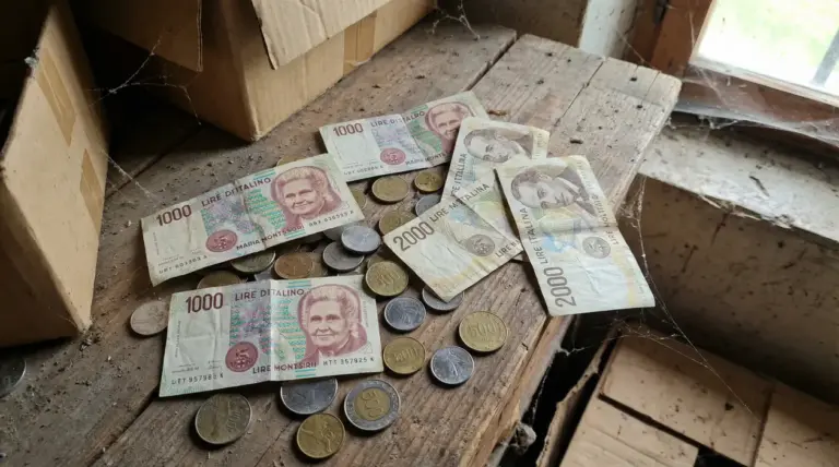 Banconote e monete in lire italiane trovate in soffitta su un tavolo di legno polveroso, vicino a scatole di cartone