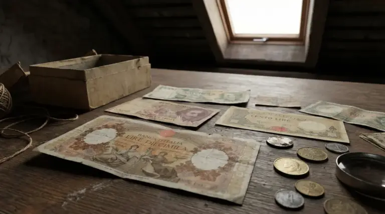 Vecchie banconote e monete in lire su un tavolo in soffitta, con scatola di cartone e lente d’ingrandimento