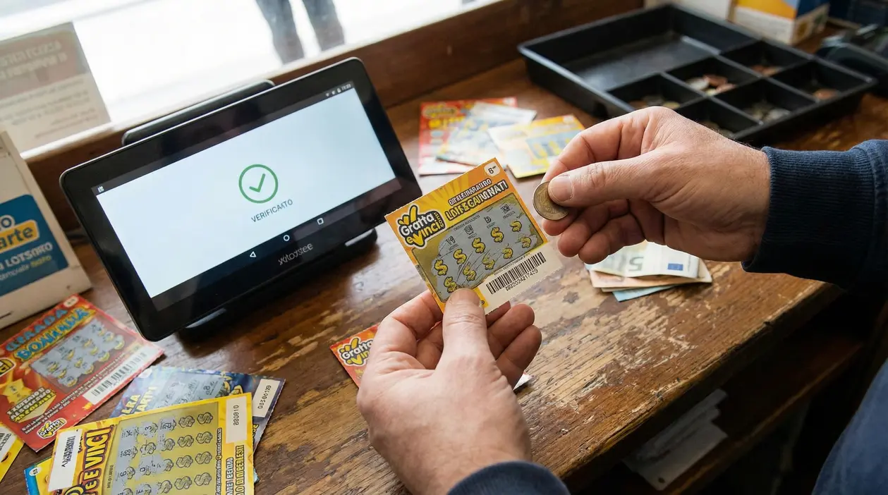 Mani che controllano un biglietto Gratta e Vinci con una moneta vicino a un terminale di verifica in tabaccheria