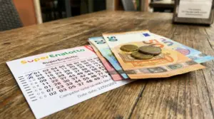 Schedina del SuperEnalotto con banconote in euro e monete su un tavolo, simbolo di una vincita a Teramo