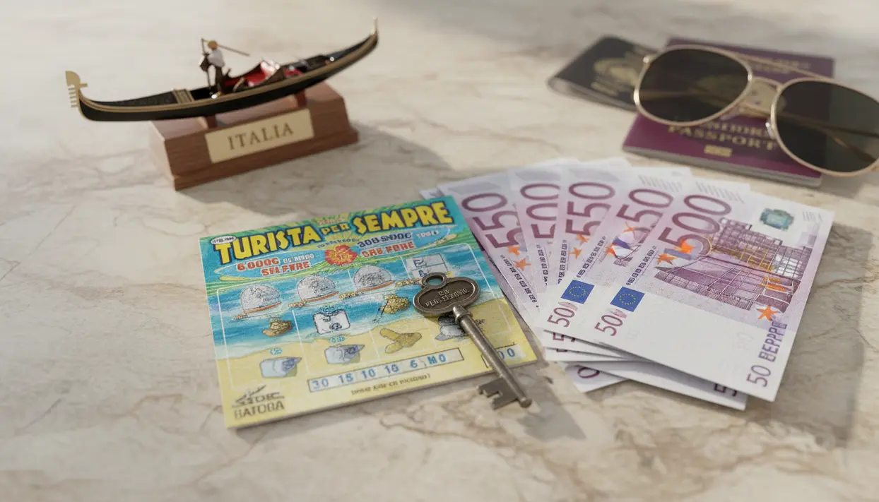 Gratta e vinci con banconote da 50 euro, una chiave, passaporto e occhiali su un tavolo, tema viaggio in Italia